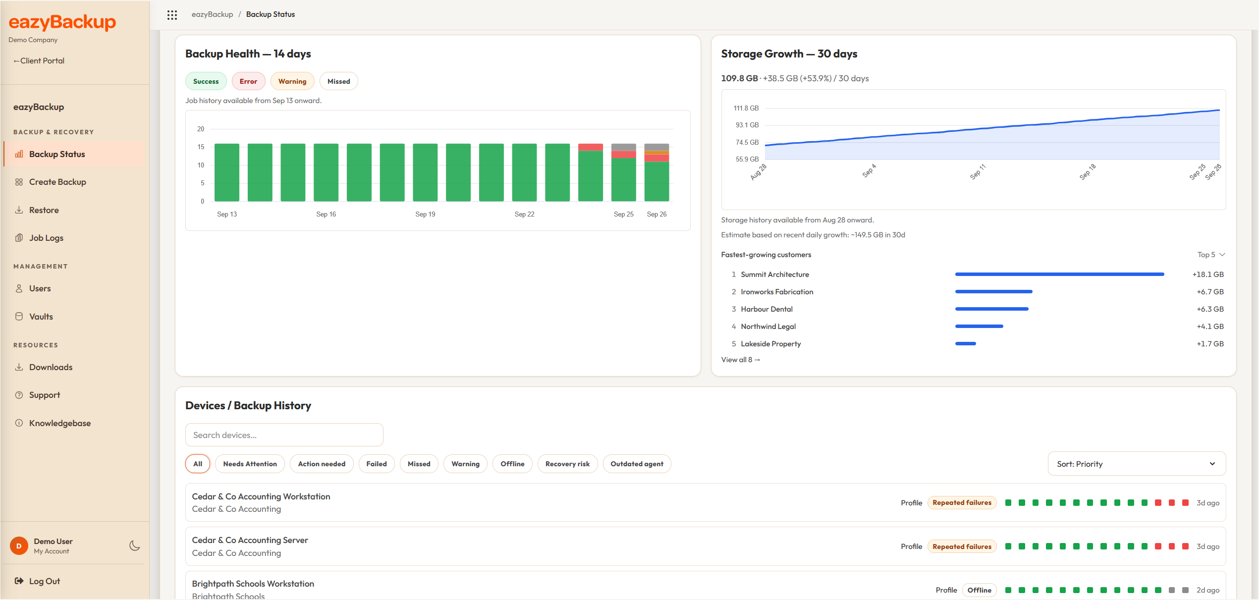 Detailed backup dashboard view for investigating customer backup activity